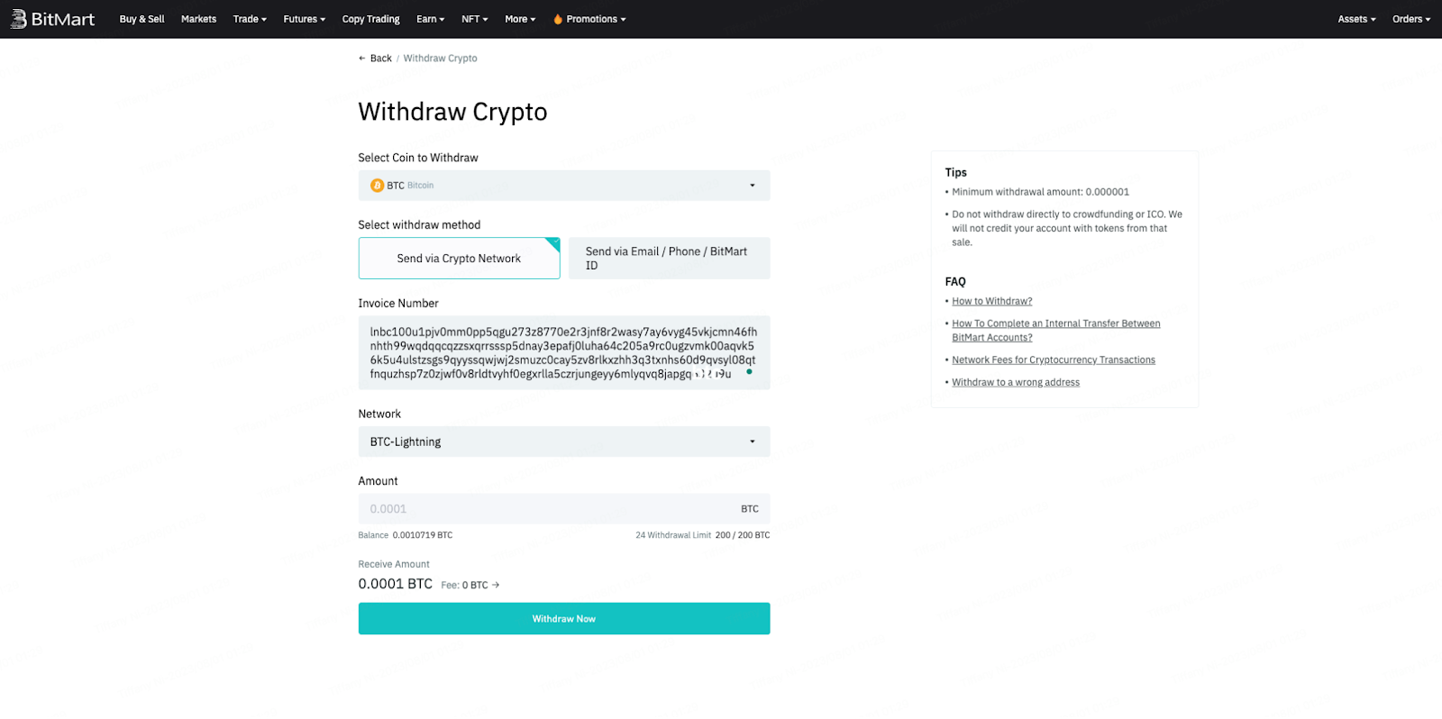 withdrawal 2 - choose BTC-Lightning and paste invoice number from outside wallet.png